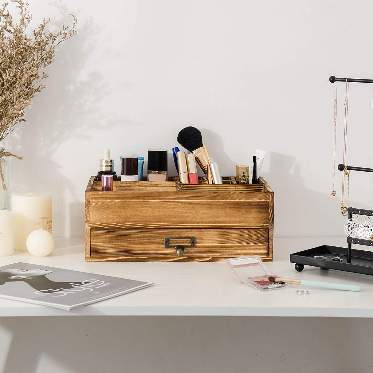 Liry Products Rustic Wooden Organizer Cosmetic Storage Cabinet Makeup Display Box Office Supplies Desktop Vanity Drawers Multiple Compartments Brown Tabletop Caddy Accessary Sorter Brush Holder Home Liry Products