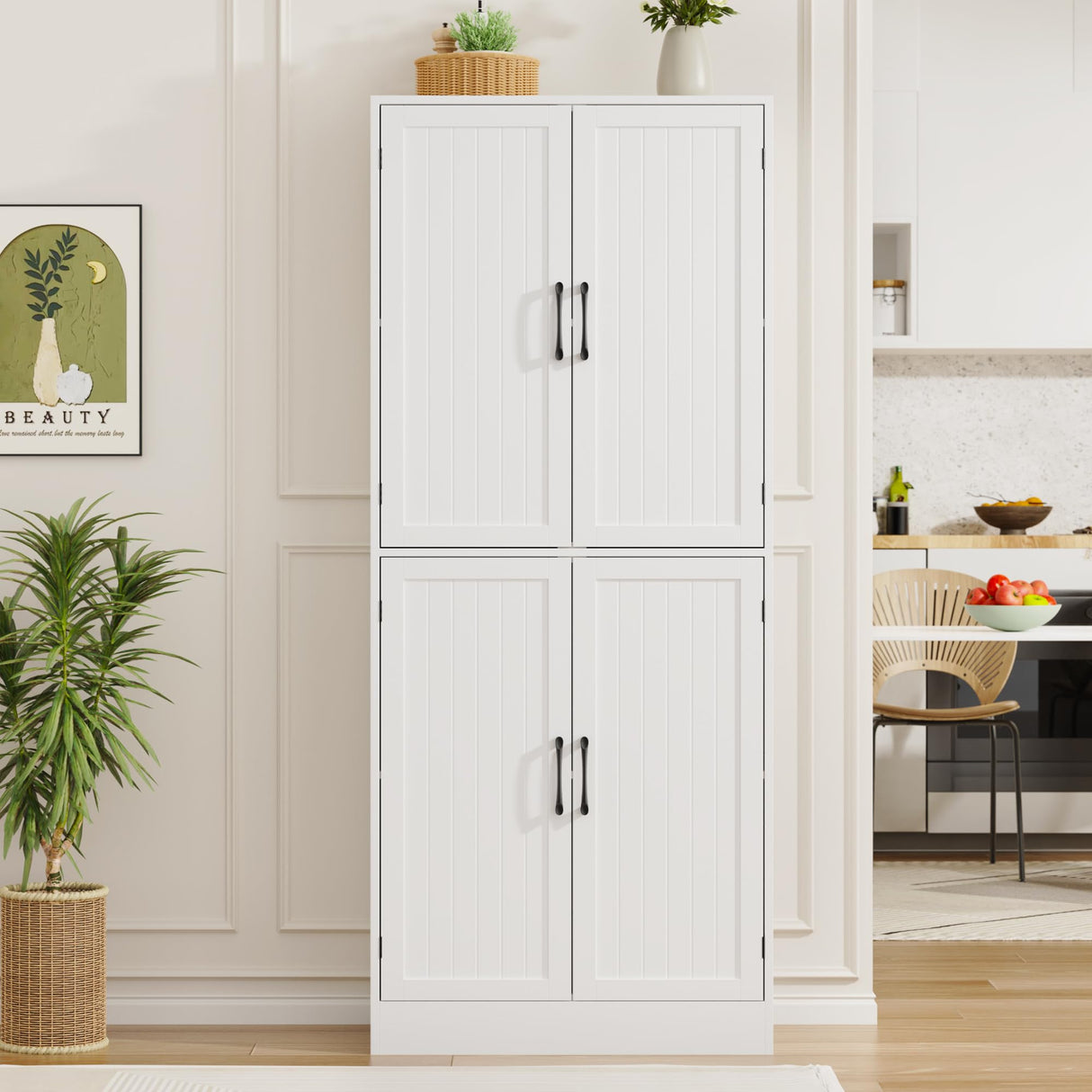 MHOM 71" Farmhouse Pantry Cabinet, Tall Storage Cabinet with 4 Doors and Adjustable Shelves, Freestanding Pantry for Dining Room, Kitchen, and Living Room, White MHOM