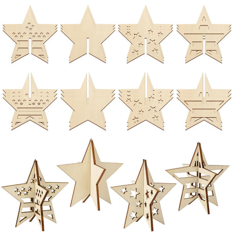COCHIE DIY 3D 4th of July Stars Wood Crafts to Paint for Kids Adults, Paintable Unfinished Wooden Slices for Craft, Memorial Day Veterans Day Star Cutouts Ornaments for Painting Decorations (24 PCS) COCHIE