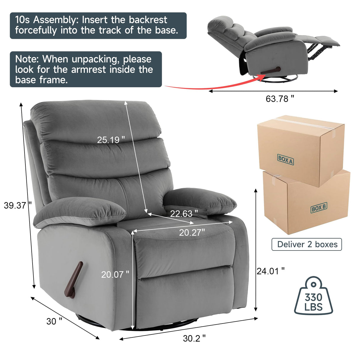 GNMLP2020 Swivel Rocker Recliner Chair for Adults, Rocking Chair Nursery, Manual Small Swivel Recliner Chairs for Small Spaces, Living Room, Nursery, RV, Light Grey GNMLP2020