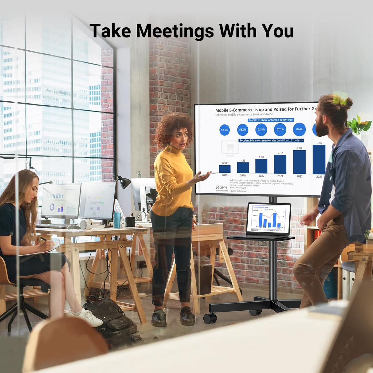 PERLESMITH Mobile TV Stand for 23-60 Inch LCD LED Flat/Curved Panel Screen TVs, Tilt TV Cart Holds up to 88Lbs Portable Stand with Laptop Shelf Rolling Floor Max VESA 400x400mm (PSTVMC06) PERLESMITH