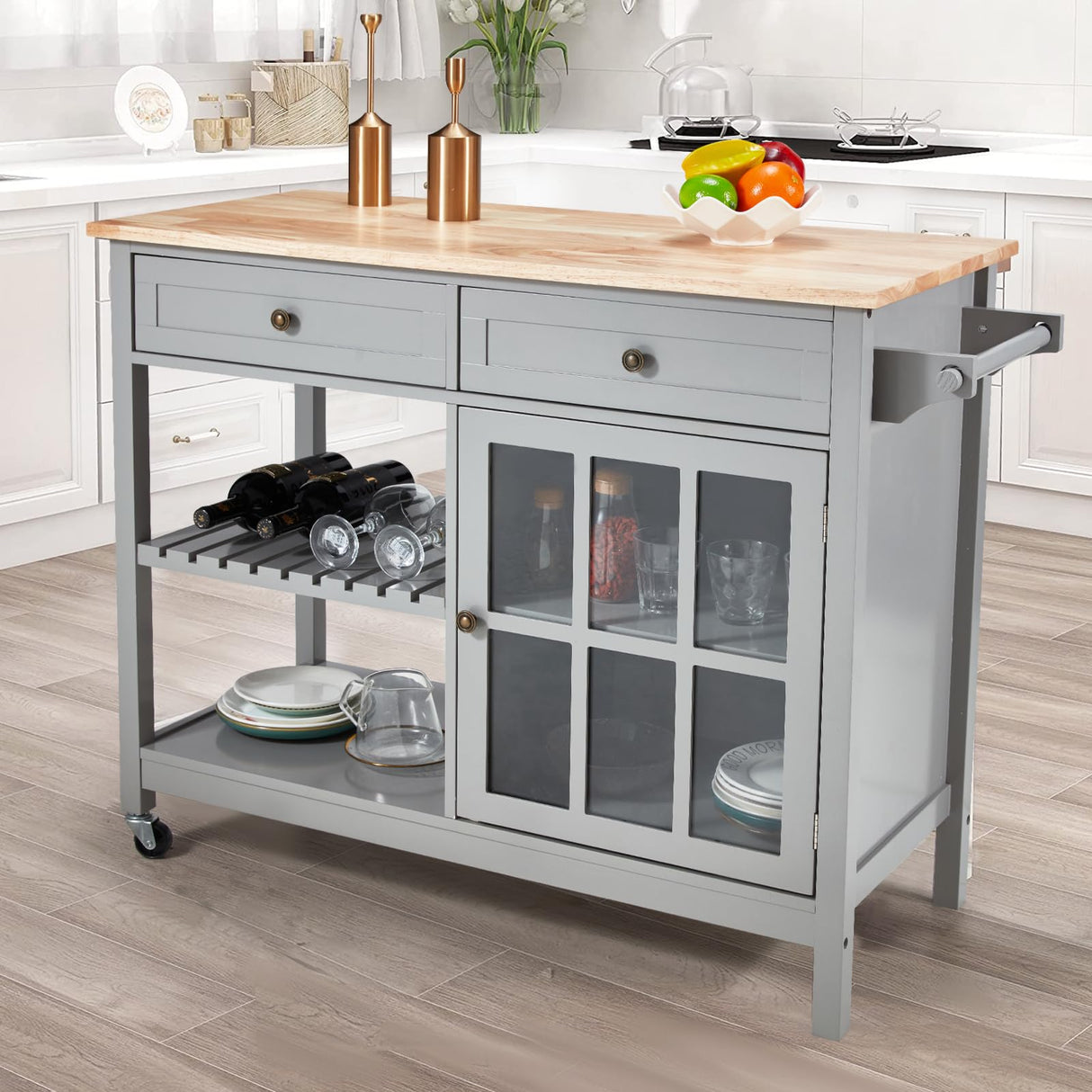 AVAWING Rolling Kitchen Island Cart with Storage, 42" Width Kitchen Cart w/ 2 Wheels, Coffee Cart with Drawers & Openshelves & Glass Cabinet & Towel Rack, Portable Islands, Grey AVAWING