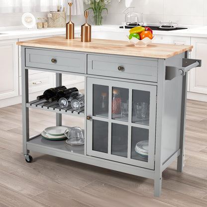 AVAWING Rolling Kitchen Island Cart with Storage, 42" Width Kitchen Cart w/ 2 Wheels, Coffee Cart with Drawers & Openshelves & Glass Cabinet & Towel Rack, Portable Islands, Grey