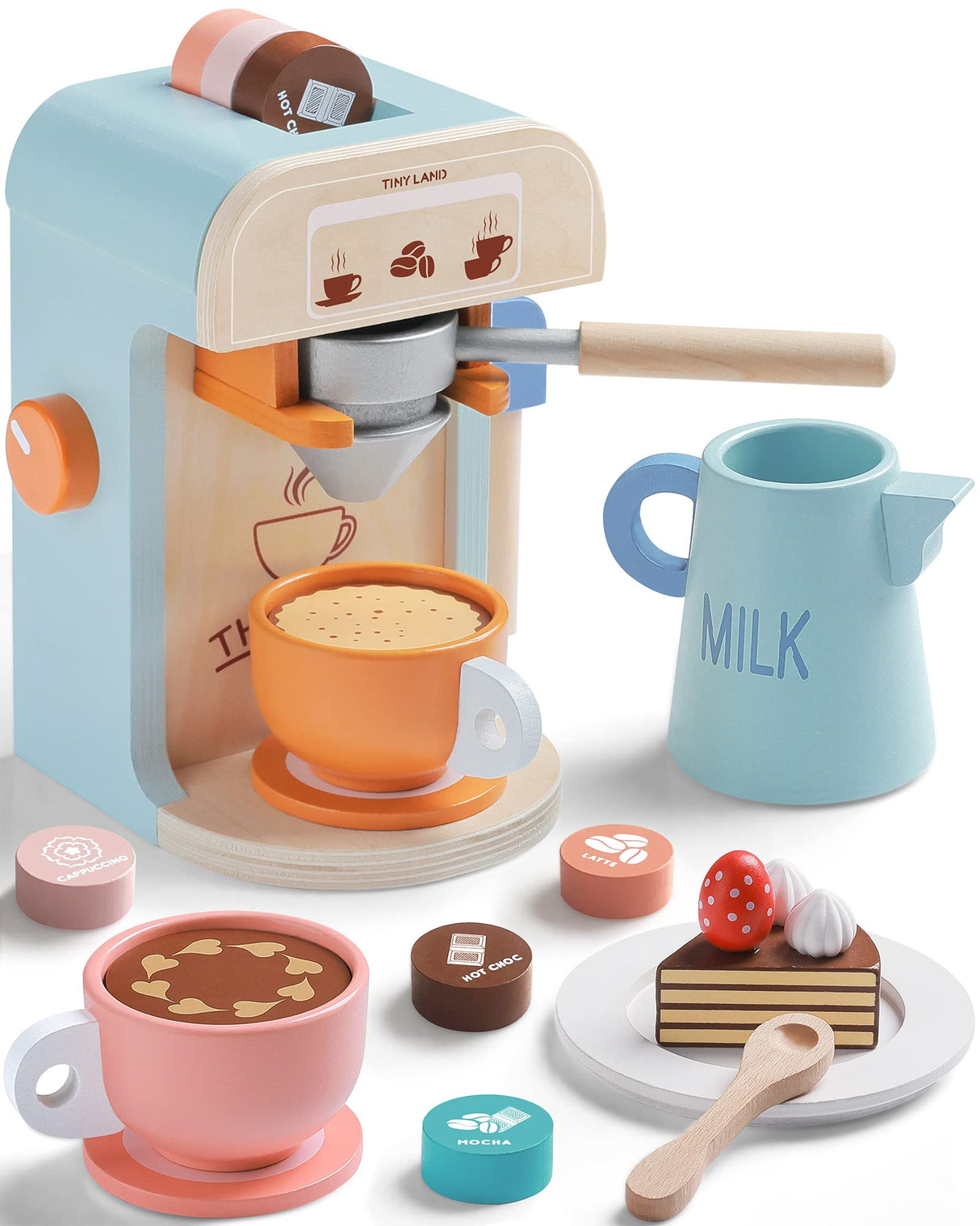 Tiny Land Kids Coffee Maker Wooden Kitchen Toys - 17Pcs Toy Coffee Maker Playset - Wooden Play Toys, Play Kitchen Accessories for Girls & Boys Tiny Land