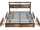 SADENICEL King Bed Frame with Storage Headboard and 4 Drawers, Metal Platform Bed Frame with LED Light, Charging Station, No Box Spring Needed, Noise Free, Easy Assembly, Vintage Brown SADENICEL