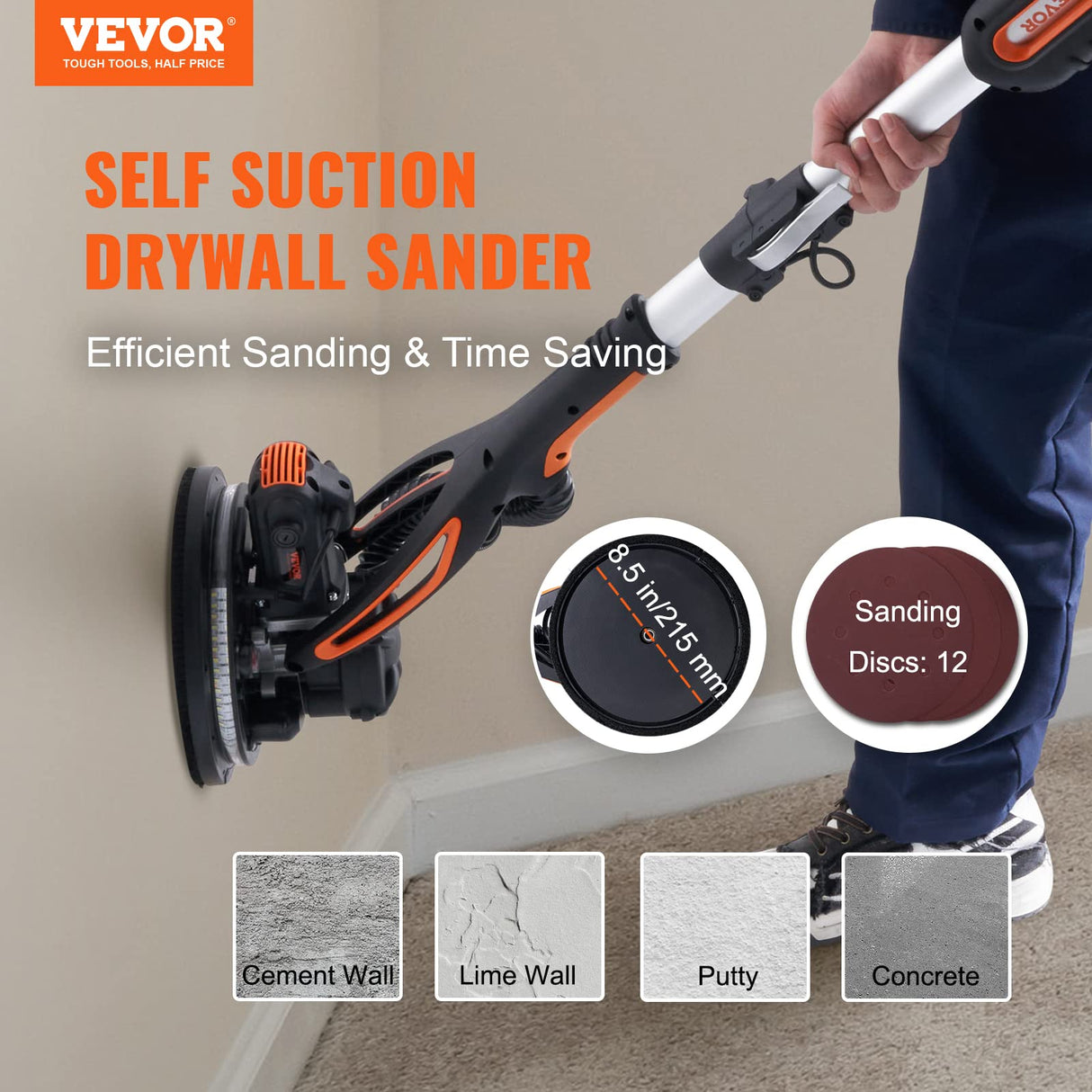 VEVOR Drywall Sander, 900W Electric Sander with 12 Sanding Discs, Variable Speed 800-1800 RPM Wall Sander with 3 Suction Ducts, Foldable Ceiling Sander & 2 LED Lights, Extendable Handle, Dust Bag VEVOR