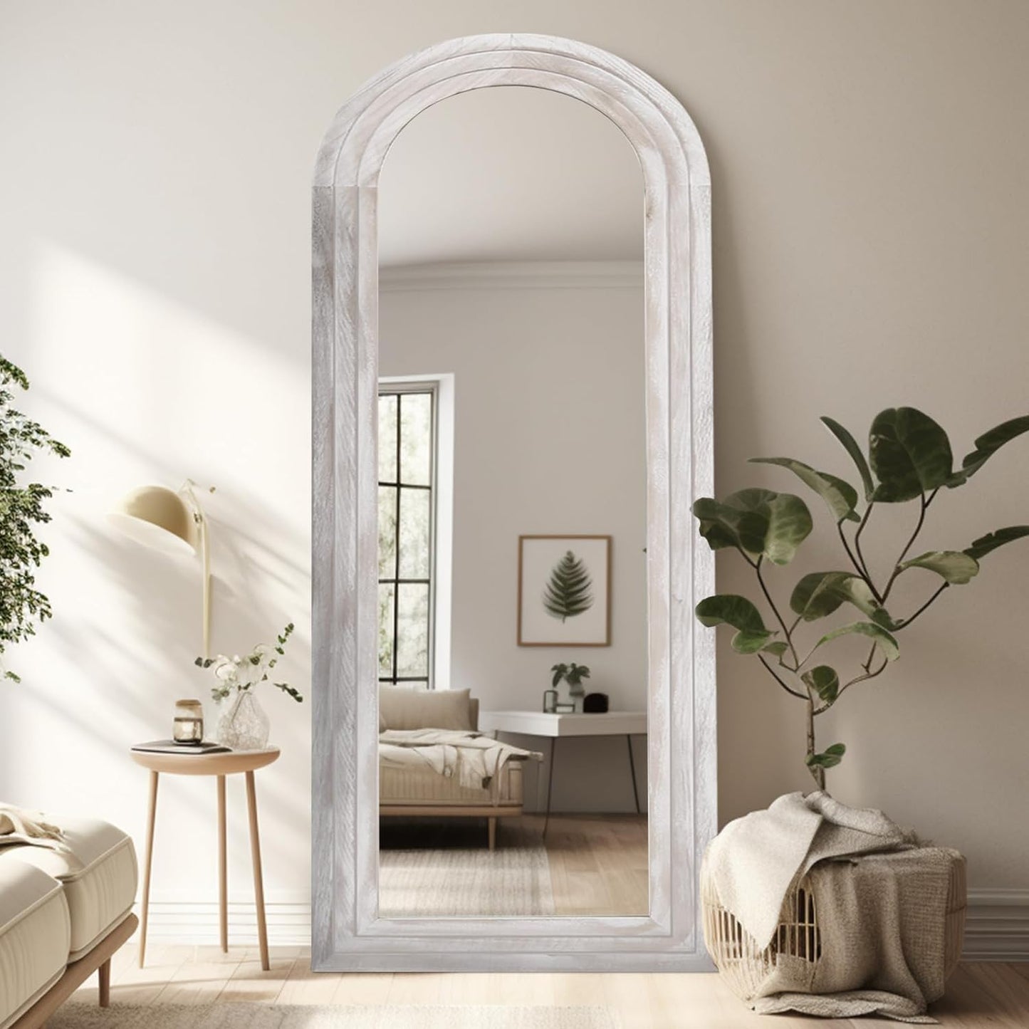 ZHUNFA Arched Full Length Mirror with Solid Wood Frame, 65x22 Farmhouse Wall Mirror Full Length with Stand, Vertical Hanging, Leaning Standing for Bedroom, Living Room, Rustic White - WoodArtSupply