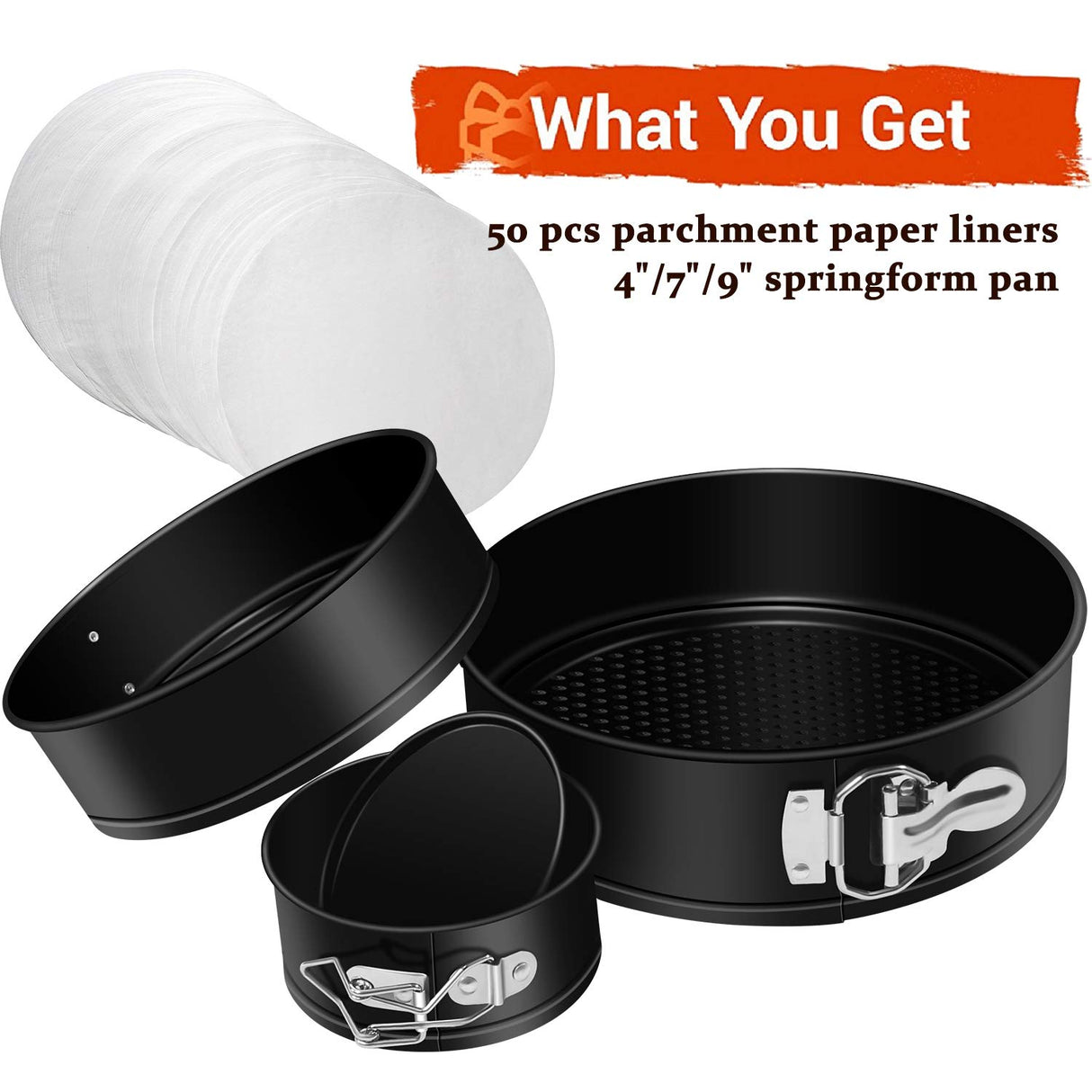 MASSUGAR Springform Cake Pan Set of 3 - Nonstick Leakproof Round Cheesecake Pan with Removable Bottom, Circle 3 Tiered 4" 7" 9 inch Spring form Pans for Baking with 50 Pcs Parchment Paper Liners MASSUGAR