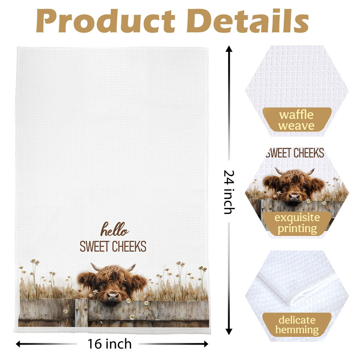 BlissfulAbon Hello Sweet Cheeks Highland Cow Bathroom Hand Towels 16x24 Inch, Farmhouse Highland Cow Kitchen Dish Towels Drying Cloth, Farmhouse Bathroom Kitchen Decor BlissfulAbon