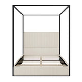 King Size Metal Canopy Bed with Tall Upholstered Channel Headboard and Gold 4 Poster, No Box Spring Needed (Cream+ Black, King) BEDGJH