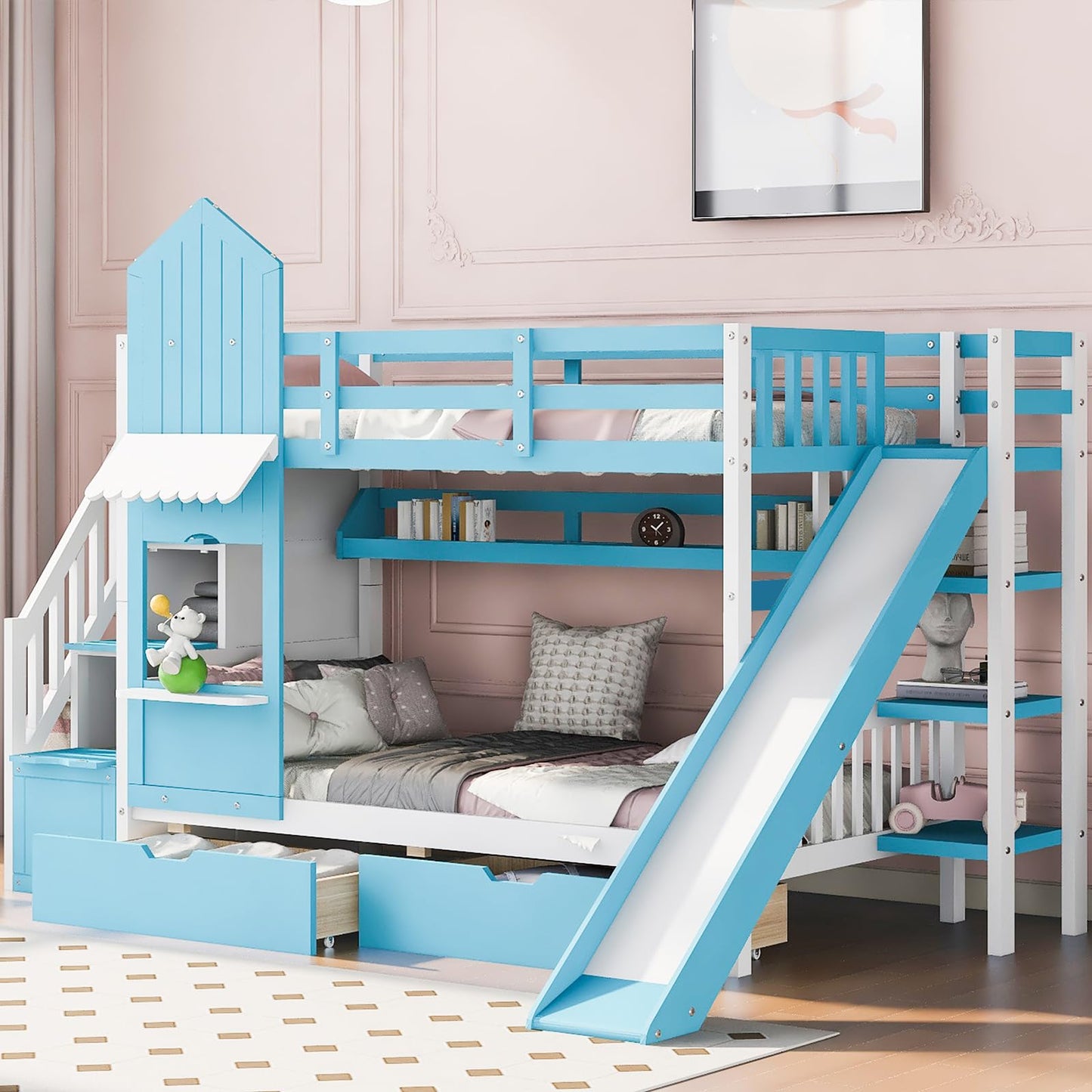 Harper & Bright Designs Twin Over Twin Bunk Bed with Stairs and Slide, Solid Wood Bunk Bed Frame with Storage Drawers and Bookshelf, for Kids Teens Girls Boys (Blue)