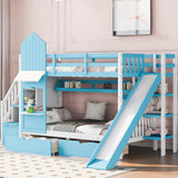 Harper & Bright Designs Twin Over Twin Bunk Bed with Stairs and Slide, Solid Wood Bunk Bed Frame with Storage Drawers and Bookshelf, for Kids Teens Girls Boys (Blue) Harper & Bright Designs