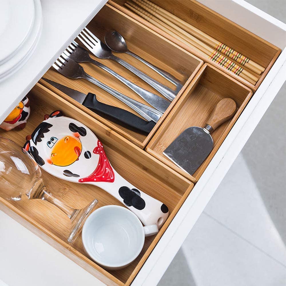 PRATIQUE Bamboo Drawer Organizer - Kitchen Utensil Organizer Silverware Tray Cutlery Holder，Office Desk Supplies and Accessories (5.9x3x2.6 inch) PRATIQUE