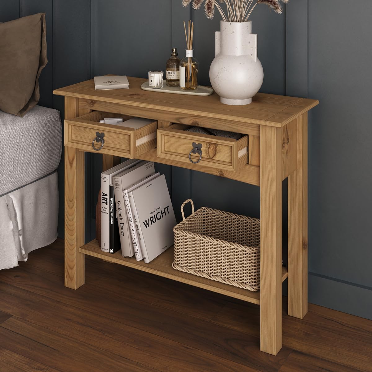 Furniture Dash Solid Wood Console Table Corona with 2 Drawers 34.49" W, 12.64" D, 28.82" H - Farmhouse Entryway Table with Storage Shelf, Tables for Living Room, Hallway Foyer for Office & Be - WoodArtSupply