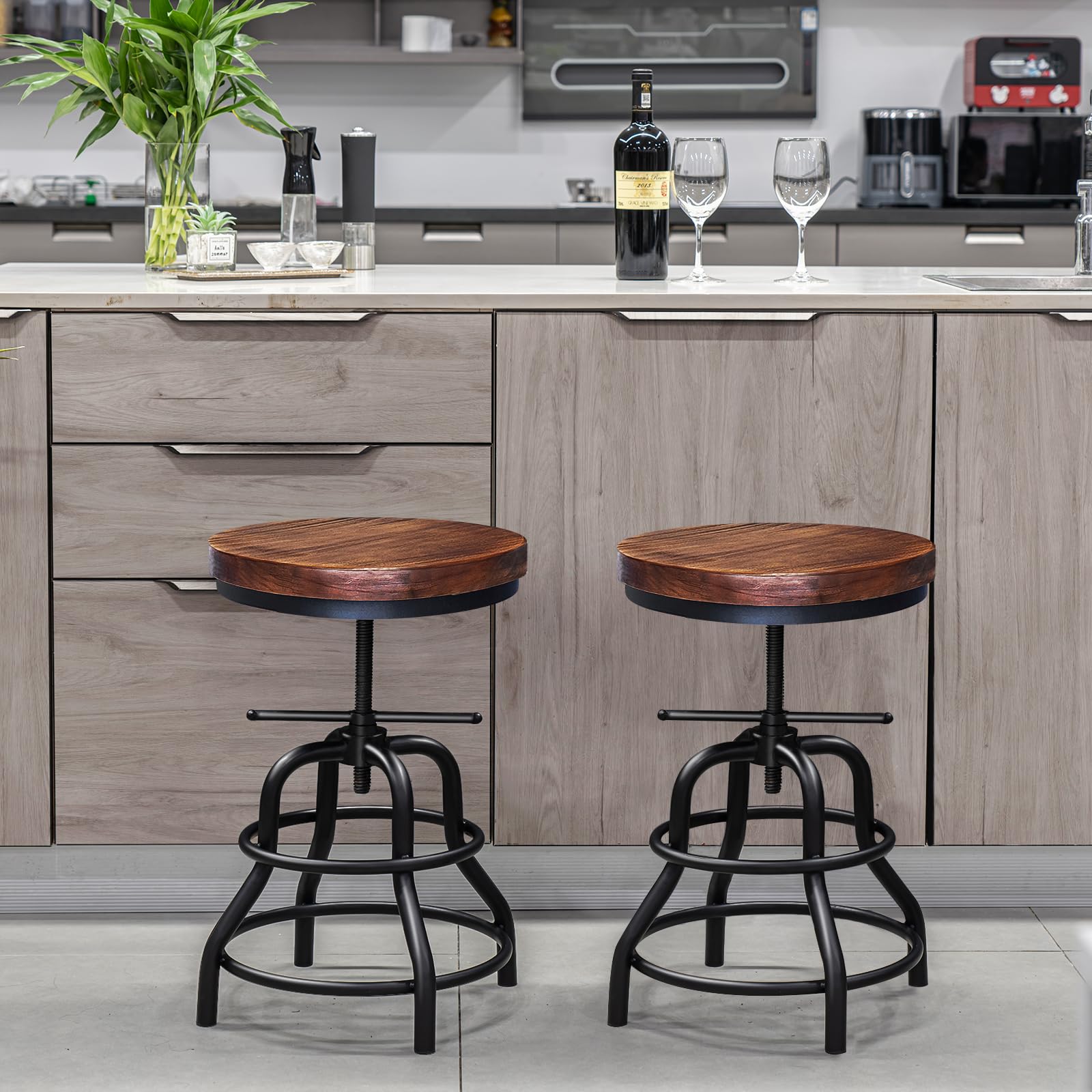 SXXjiaju Industrial Bar Stool- Vintage Bar Stools Round Wood Metal Stool Counter,Rustic Bar Stools with Round Solid Wood Metal Stool Adjustable Farmhouse Kitchen/Dining/Cafe Chair(Set of 2) - WoodArtSupply