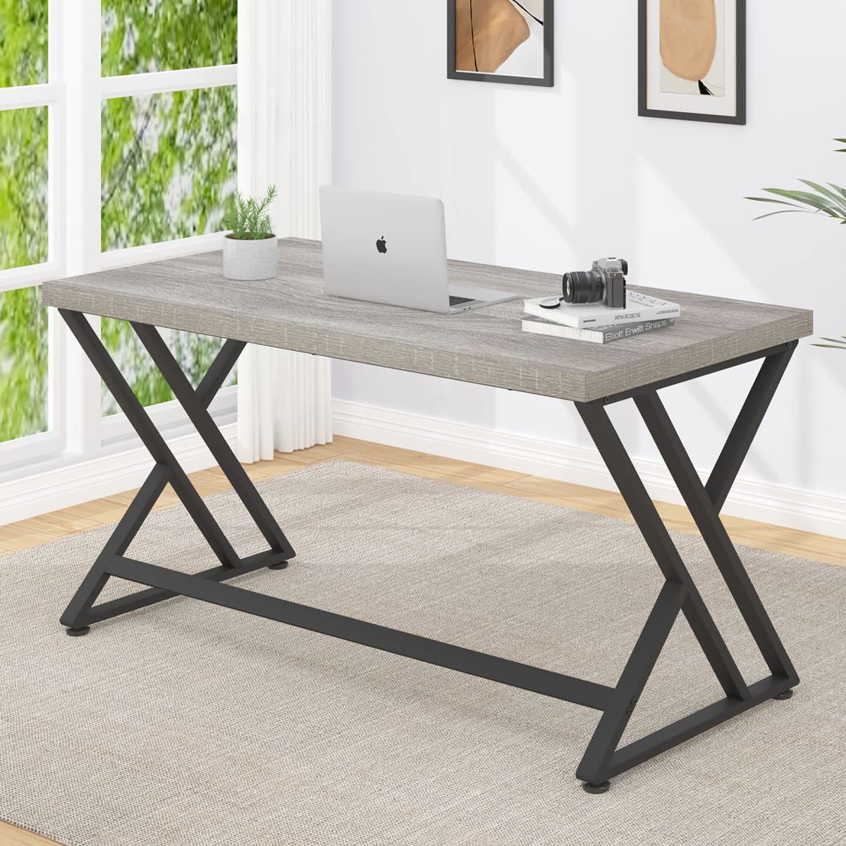 LVB Grey Computer Office Desk, Industrial Wood PC Gaming Gray Desk for Home Office, Modern Wooden Metal Study Work Bedroom Table, Farmhouse Executive Writing Desk with Storage, 55 Inch, Light - WoodArtSupply