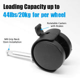 suiwotin 4pcs 2 Inch Swivel Caster Wheels, M8 Grip Neck Stem Caster Wheels with Brake, Heavy Duty Casters, Black Nylon Wheels Replacement for Furniture, Table, Cabinet, Shelf suiwotin