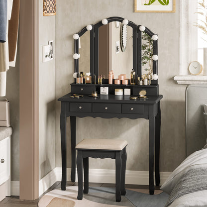 Tiptiper Vanity Desk, Makeup Vanity with Lighted Tri-fold Mirror and Stool, Vanity Set with 5 Drawers, 3 Light Settings & Adjustable Brightness, Black - WoodArtSupply