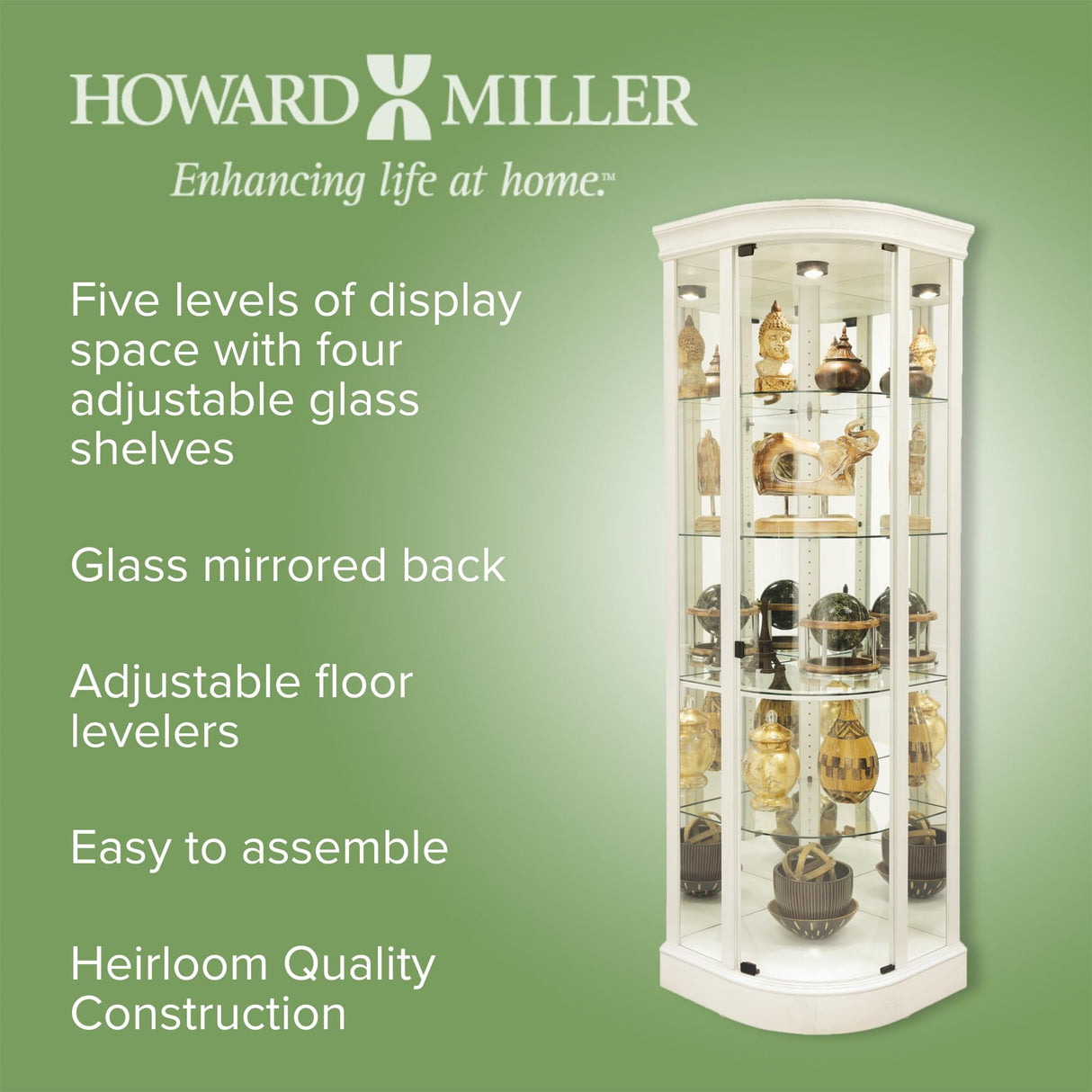 Howard Miller Marlowe IV Corner Curio Cabinet – Lighted White Wire Brushed Frameless Glass Door Mirrored Back Adjustable Glass Shelves Pad Lock Clips & No Reach Roller Switch Quality Home Decor Howard Miller
