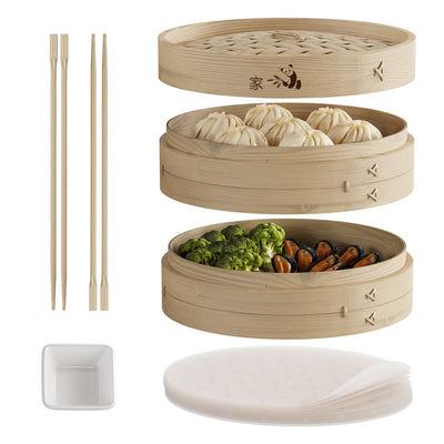 Prime Home Direct Bamboo Steamer Basket 10-inch | 2-Tier Steamer for Cooking | 50 Liners, Chopsticks, Sauce Dish | Dumpling Steamer, Food Steamer Baskets for Cooking - Rice & Vegetable Steamer Pot