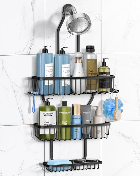 MSAICOE Shower Caddy Hanging - Never Rust Shower Hanging Organizer - Aluminum Over the ShowerHead Caddy with Soap Basket and 6 Hooks for Razor/Sponge (Black) MSAICOE