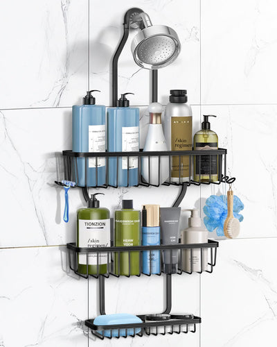 MSAICOE Shower Caddy Hanging - Never Rust Shower Hanging Organizer - Aluminum Over the ShowerHead Caddy with Soap Basket and 6 Hooks for Razor/Sponge (Black)