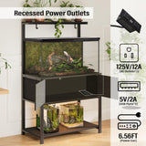 Fienveorn 40-50 Gallon Fish Tank Stand with LED Light Power Outlets,Heavy Duty Metal Aquarium Stand with Storage Shelf and Moveable Hooks,Turtle Reptile Terrariums Stand,Black Halitaa