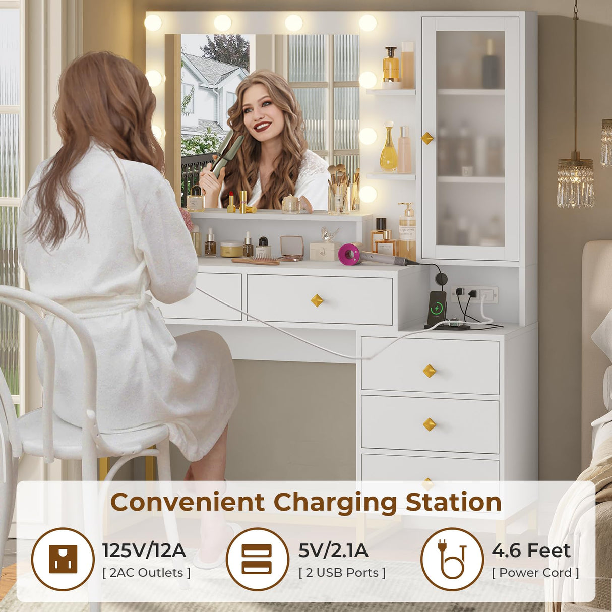Tiptiper Large Makeup Vanity with Lights, Vanity Table with Charging Station Vanity Desk with Mirror and 10 LED Light Bulbs, Makeup Table with 5 Drawers, Nightstand and Storage Shelves, White & Gold Tiptiper
