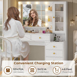 Tiptiper Large Makeup Vanity with Lights, Vanity Table with Charging Station Vanity Desk with Mirror and 10 LED Light Bulbs, Makeup Table with 5 Drawers, Nightstand and Storage Shelves, White & Gold Tiptiper