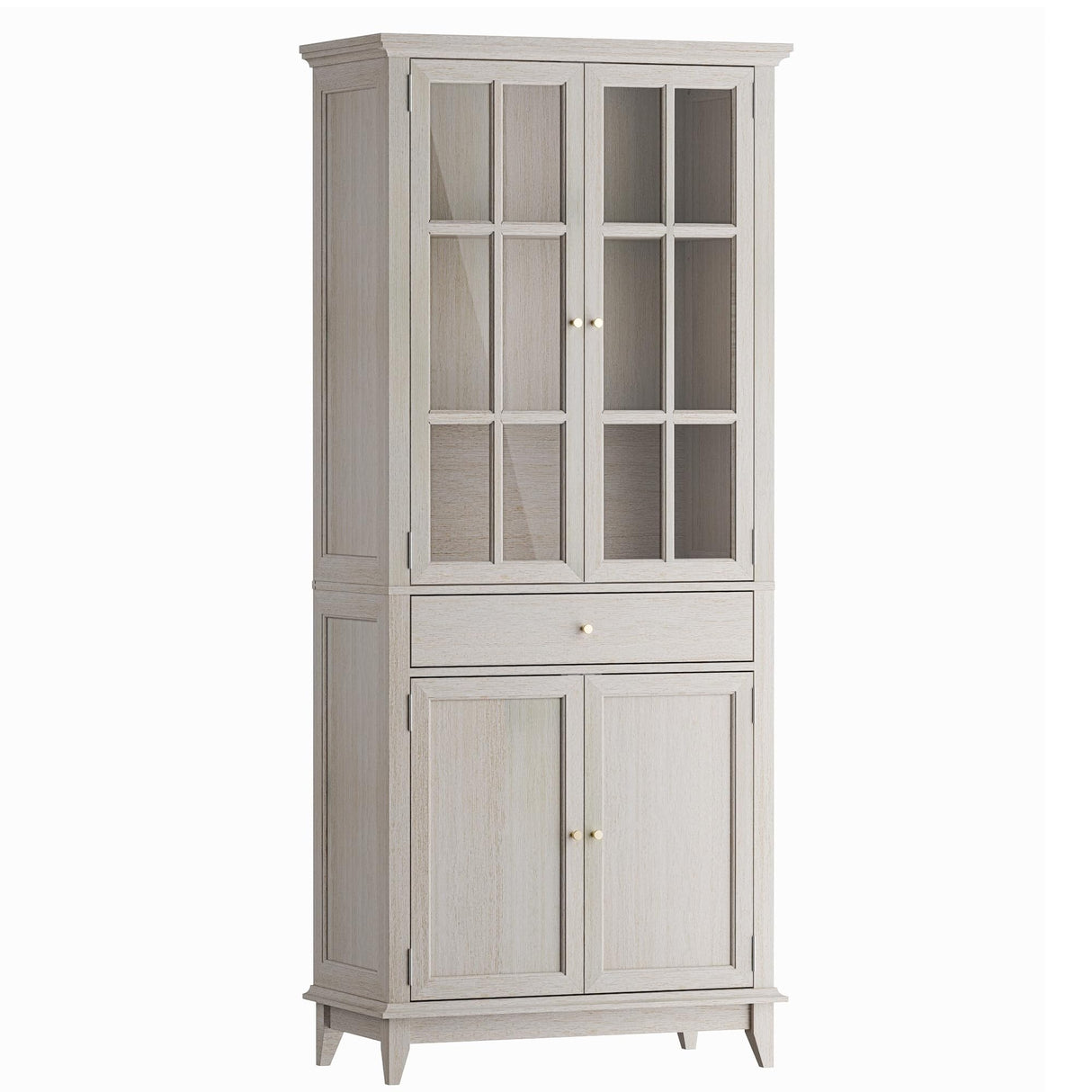 SunsGrove 73" White Oak Bookcase with Glass Doors & Drawer - Adjustable Shelf, Modern Classic Storage for Living Room, Home Office (4 Doors, Floor Standing) SunsGrove