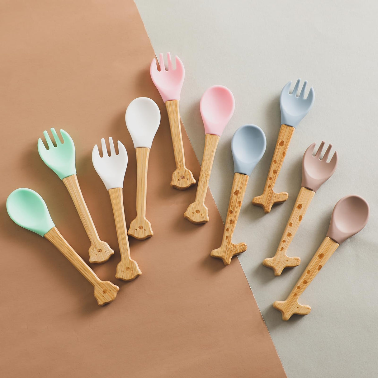 Baby Feeding Spoon, Bamboo Wood and Silicone Baby Fork and Spoon - Soft Curved Silicone Tip Spoons - Suitable for Baby and Toddlers Forked Spoone （Green Bear） Mamimami Home