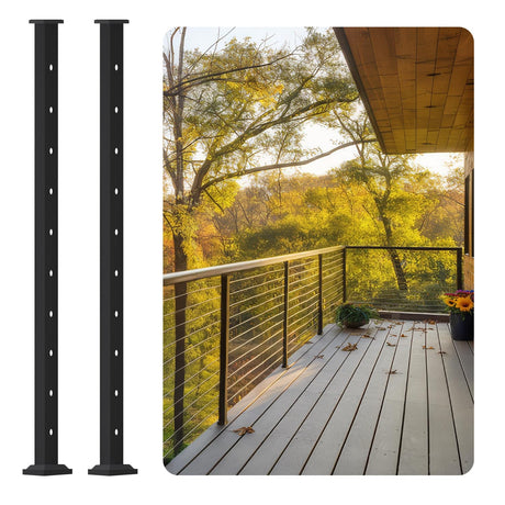 CR Fence & Rail Level Drilled Cable Railing Post, 2pcs 36 inch Powder Coated Fence Post, Metal Posts for Cable Railing Kit, Black Metal Deck Railing Post for Indoor, Outdoor, Porch, & Balcony (36") CHR