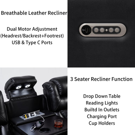 THSUPER Power Breathable Leather Reclining Sofa and Loveseat Set with LED Light, Home Theater Seating Recliner Couch with Adjustable Headrest/Reading Light/USB Port/Bluetooth Speaker, Black THSUPER
