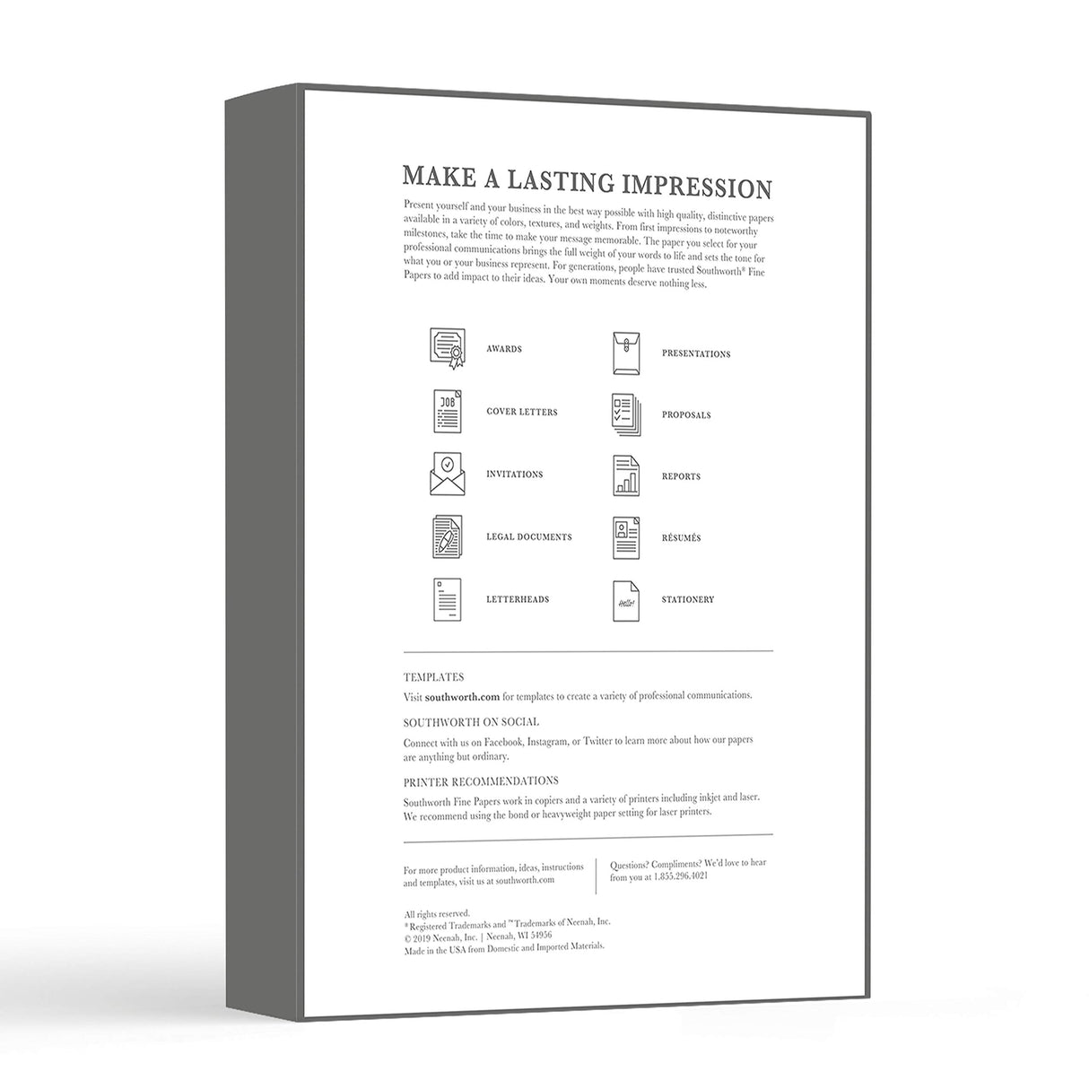 Southworth® 100% Cotton Business Paper, 8 1/2" x 11", 32 Lb, White, Box of 250 Southworth