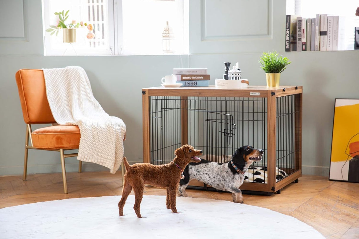 Dog Crate Furniture with Removable Top Cover, Wooden Crate with Tray, Dog Kennel Indoor for Small/Medium/Large Dogs(Light Brown, 37.4" L*25.9" W*25.8" H) Furnipeture