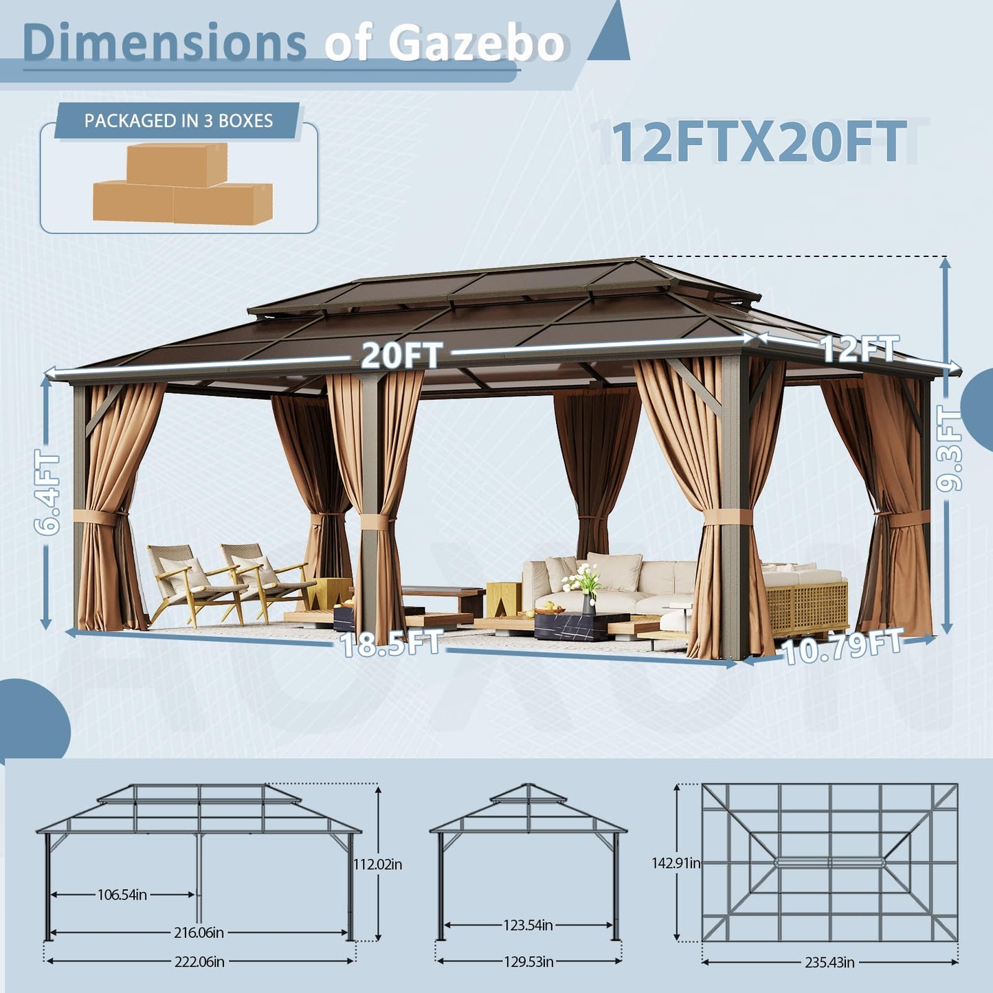 Aoxun 12'x20' Hardtop Gazebo, Aluminum Frame Permanent Pavilion with Curtains and Netting, Outdoor Polycarbonate Double Roof Canopy, Designed for Garden, Lawns, Patio