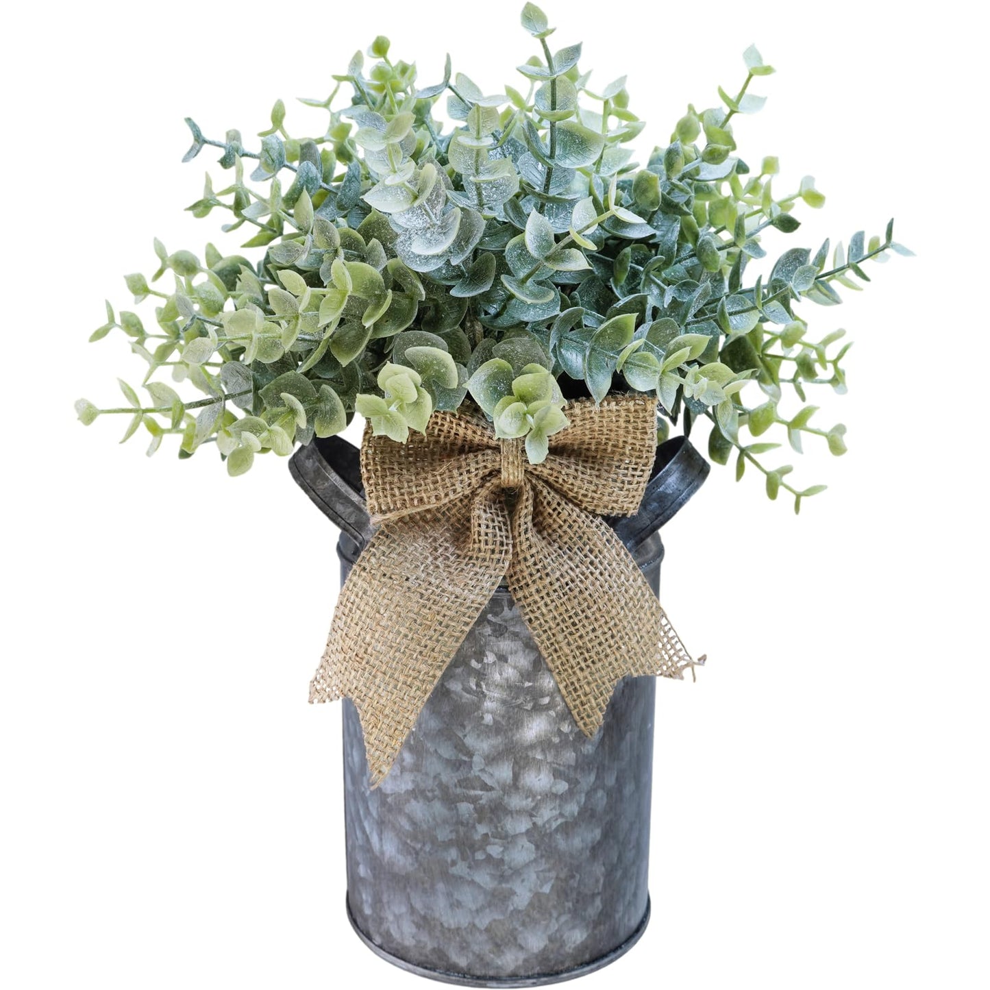 Winlyn Set of 1 Farmhouse Faux Eucalyptus Arrangement Centerpiece Rustic Galvanized Metal Milk Can Vase Artificial Eucalyptus Bushes Greenery Plants for Wedding Kitchen Home Indoor Table Shelf Décor