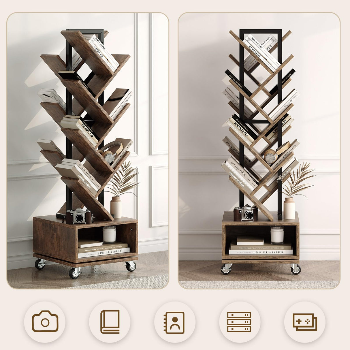 iabifo 49" Rotating Tree Bookshelf, 7 Tier Double Sided Shelf, Wood Corner Bookshelf with Wheels, 360 Display Spinning Bookcase Storage Rack, Ideal for Small Rooms, Easy Assembly, Rustic Brown iabifo