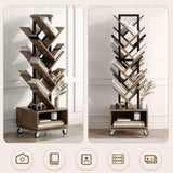 iabifo 49" Rotating Tree Bookshelf, 7 Tier Double Sided Shelf, Wood Corner Bookshelf with Wheels, 360 Display Spinning Bookcase Storage Rack, Ideal for Small Rooms, Easy Assembly, Rustic Brown iabifo