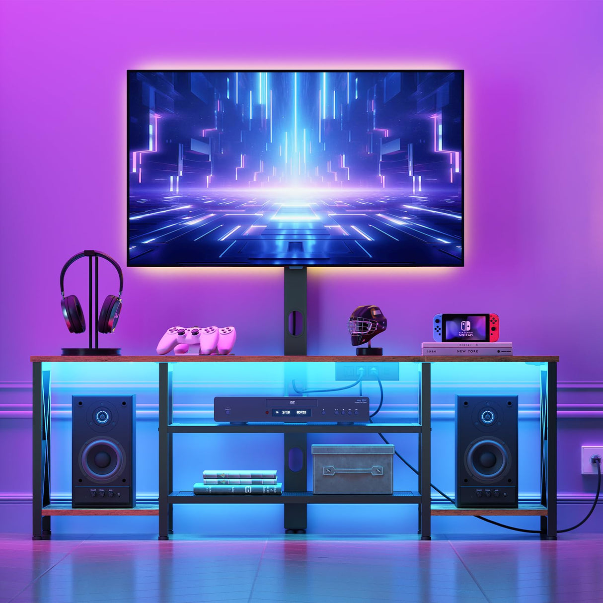 HOOBRO TV Stand with Mount and Power Outlet, LED Entertainment Center with Swivel Mount for 32/45/55/60/65/70/75 inch TVs, 3-Tier Storage Shelf for Living Room, Bedroom, Rustic Brown BF46UDDS01 HOOBRO