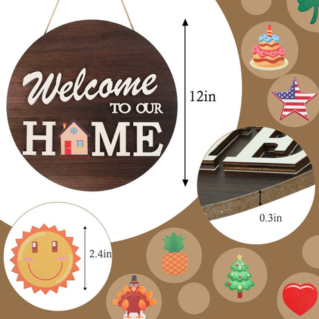 Interchangeable Welcome Sign for Front Door with 4 Seasonal Wreaths and 14 Changeable Icons, Farmhouse Front Door Signs, Door Decoration Porch Decor, Seasonal Wooden Home Sign Home décor (6wood) HOMCDALY