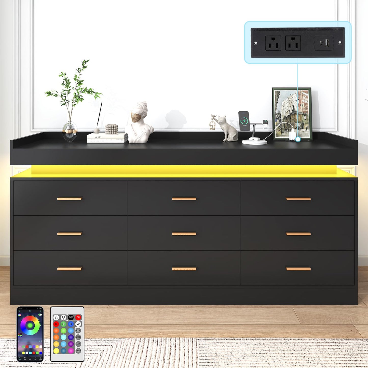 jiteentarou Drawer Dresser with Charging Station and LED Lights, Modern Chest of Drawers with Power Outlet, Organizer Cabinet for Bedroom, Living Room, Entryway(Black) - WoodArtSupply