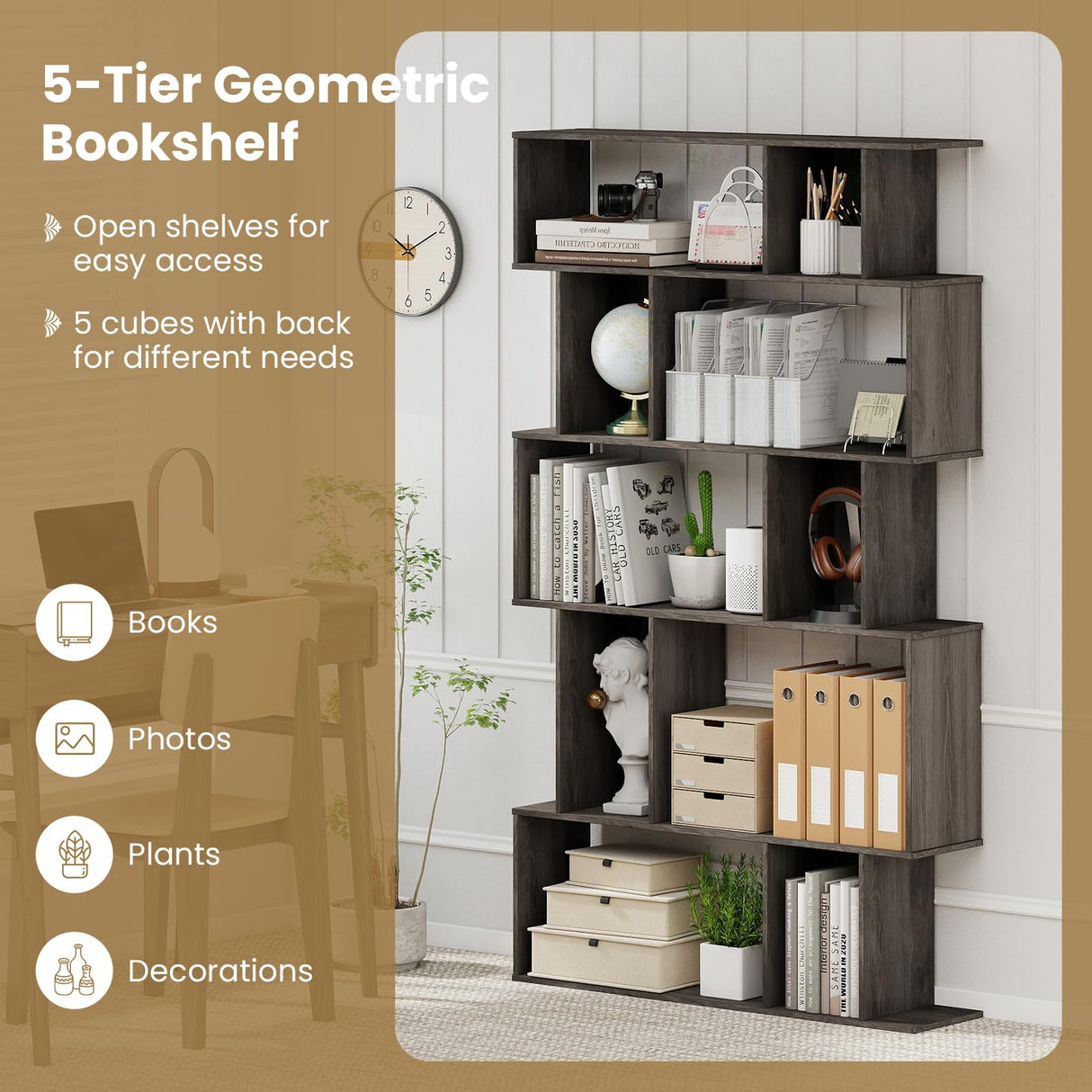 Tangkula 5-Tier Geometric Bookshelf, 62”H Bookcase with Open Shelves & Closed-Back Cubes, S-Shaped Decorative Display Rack Storage Organizer for Living Room Bedroom Home Office (2, Gray Oak) Tangkula
