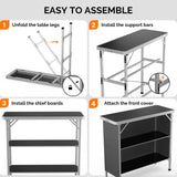 VINGLI Portable Bar Table, 3-Tier Shelves, Mobile Bar Table for Events, Party, Camping, Picnic, Tradeshow, Indoor with Black Skirt, 39 "L x 34" H VINGLI