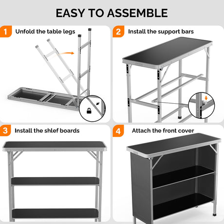 VINGLI Portable Bar Table, 3-Tier Shelves, Mobile Bar Table for Events, Party, Camping, Picnic, Tradeshow, Indoor with Black Skirt, 39 "L x 34" H VINGLI