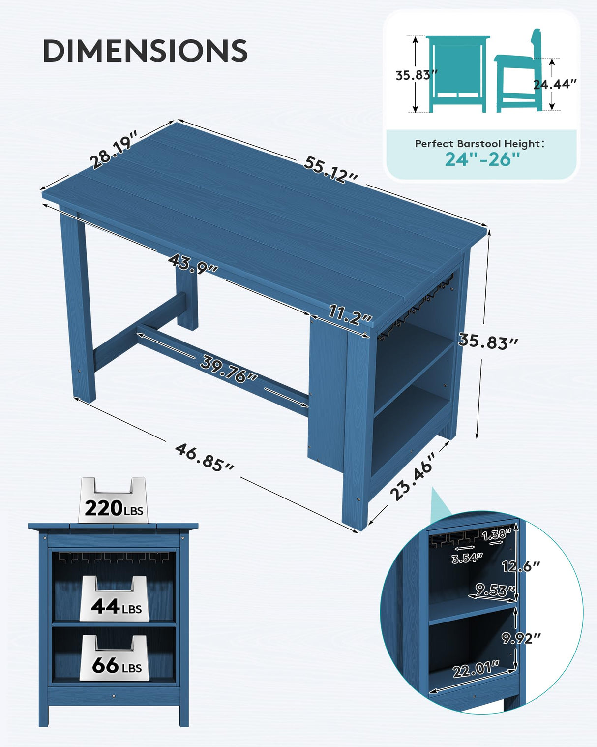 SERWALL Outdoor Bar Table, All Weather HDPE 36" Counter Height Dining Table with Storage and Wine Rack for Patio, Garden, Backyard, Balcony, Poolside, Blue SERWALL