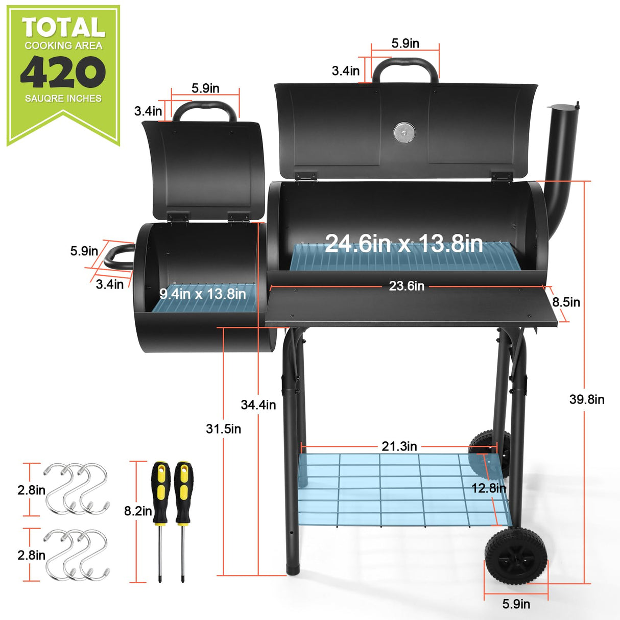 HaSteeL Charcoal Grill with Offset Smoker, Outdoor Barrel BBQ Grill, Camping Barbecue Grill for Patio Backyard Garden Party Picnic, Large 420.SQ.IN Cooking Area, 2 Screwdrivers & 6 Hooks - Black HaSteeL