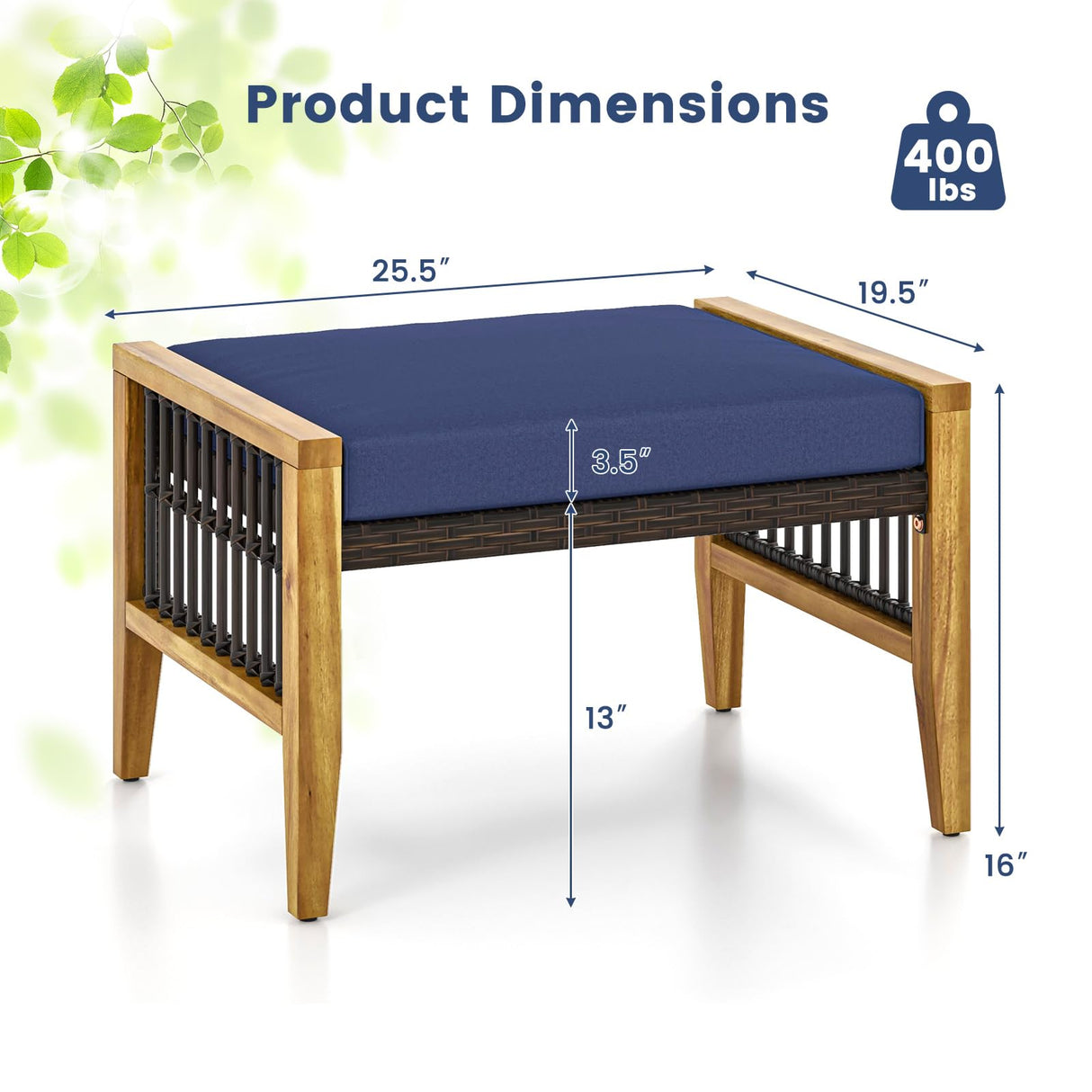 Tangkula Set of 2 Outdoor Ottomans, Patio Acacia Wood Ottomans with Cushions, Versatile Rattan Woven Footstools, Wicker Footrest Extra Seating for Backyard, Poolside, Porch Tangkula