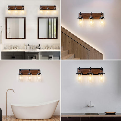 Lanhall 3-Light Farmhouse Bathroom Light Fixtures Vintage Bathroom Vanity Lights Over Mirror Black and Wood Painted Metal Vanity Light for Bathroom with Glass Shades E26 Socket Lanhall