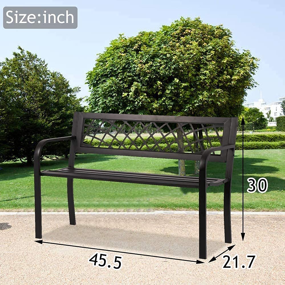 LLLstore Outdoor Bench, Metal Garden Bench with Armrests, Sturdy Steel Frame, 480lb Bearing Capacity, 45.5"L x 21.7"D x 30"H, Black FOXCUP